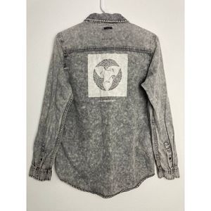 Mitch The Tough Way Shirt Womens Medium Missis Denim Bird Print Snap Button Up